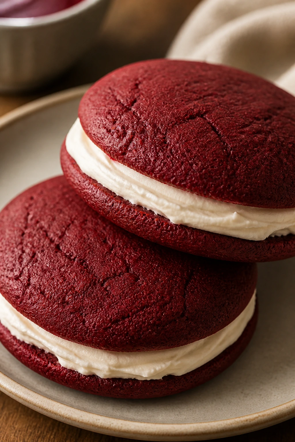 Two red velvet whoopie pies with cream cheese filling