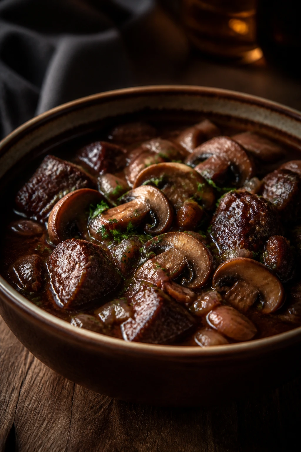 Red-wine beef and mushroom stew in a deep bowl