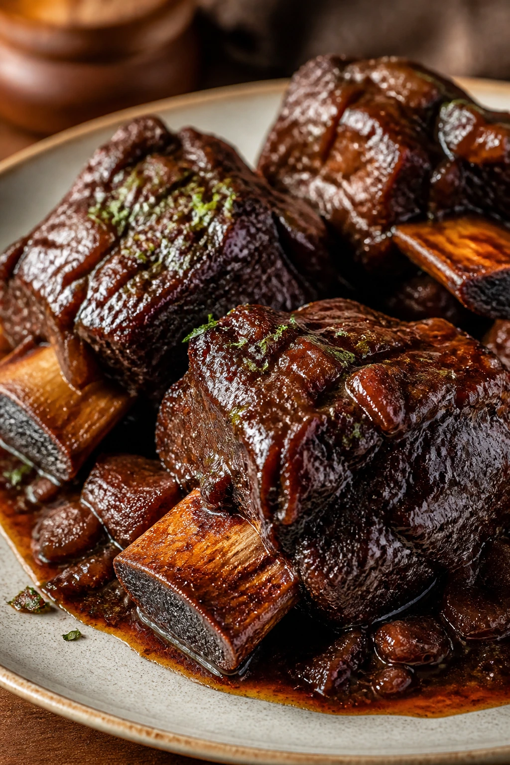Beef short ribs in red wine braise on plate