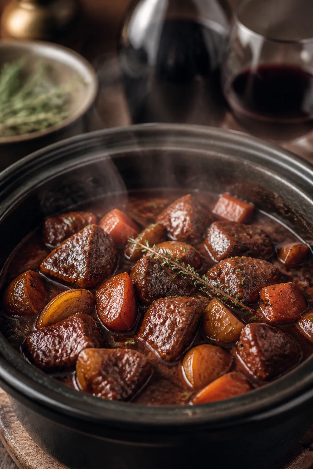 Beef stew with wine-toned gravy in a rustic kitchen