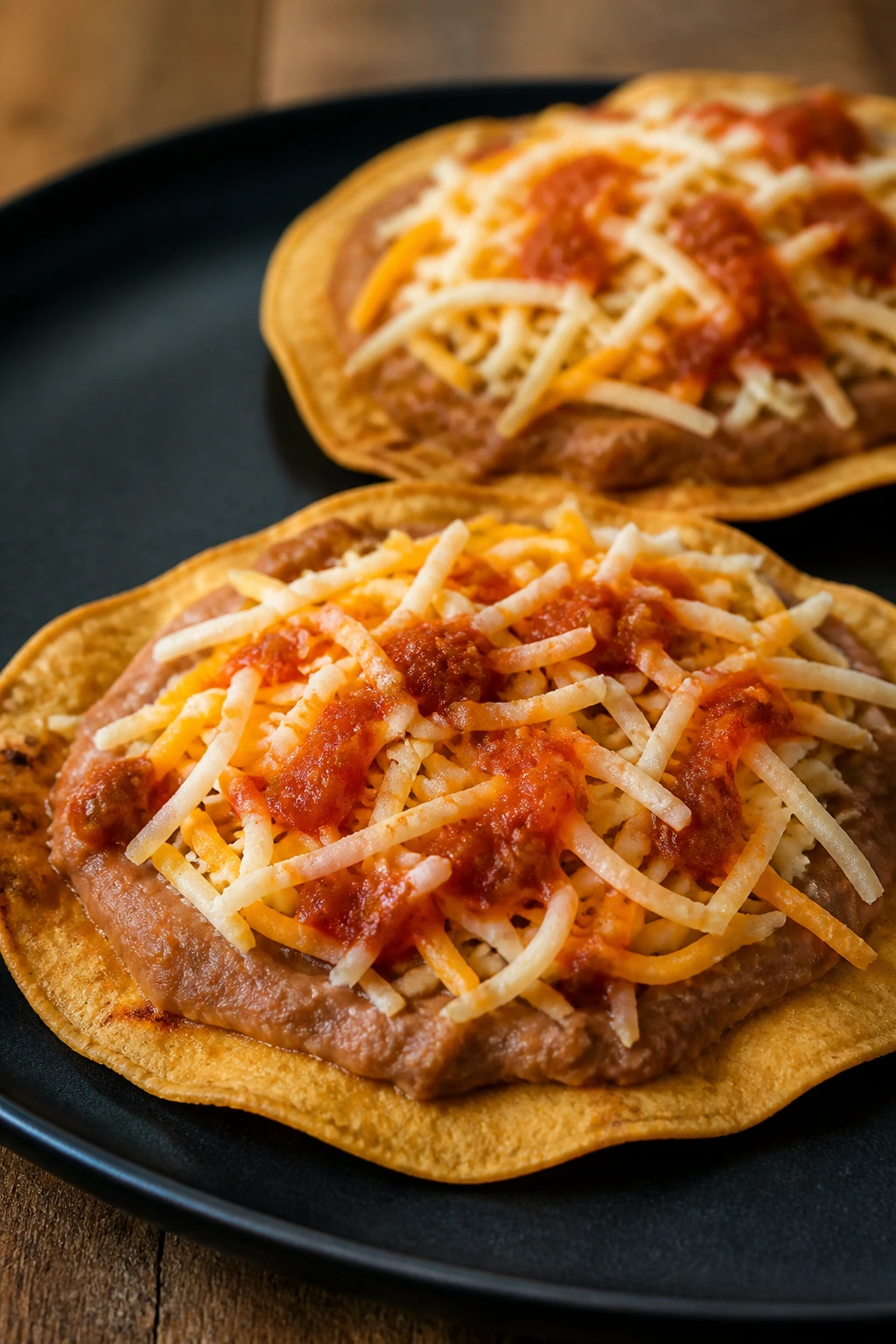 Close-up refried bean tostadas on a plate
