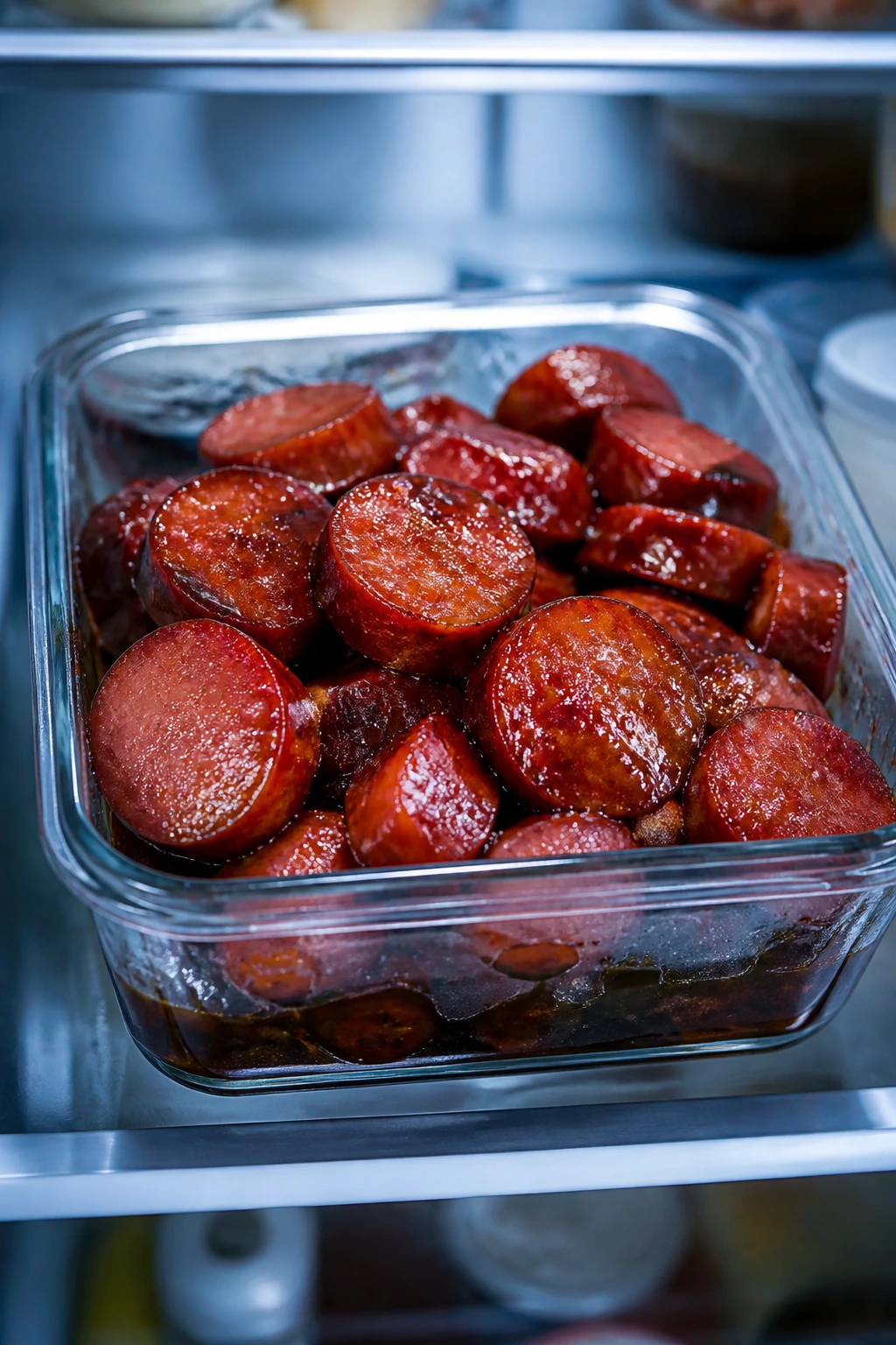 Sliced smoked sausage with glaze in airtight container inside fridge