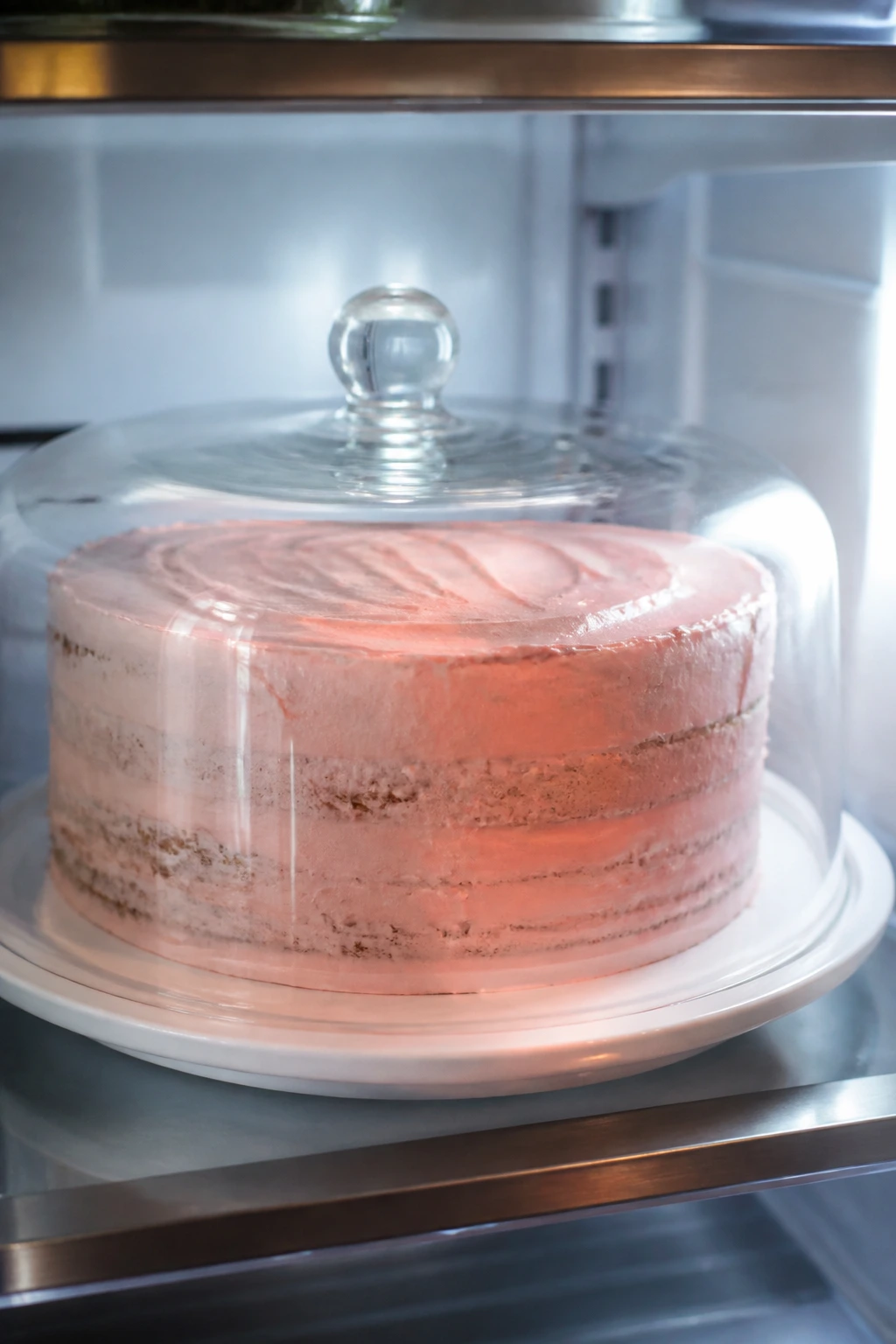 Frosted pink champagne cake under a cake dome in fridge