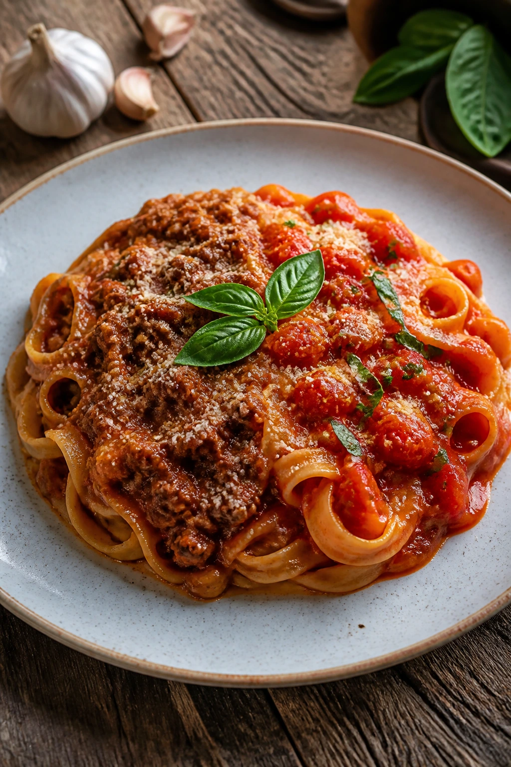 Plated pasta showing Emilia-Romagna ragù and Neapolitan sauce halves