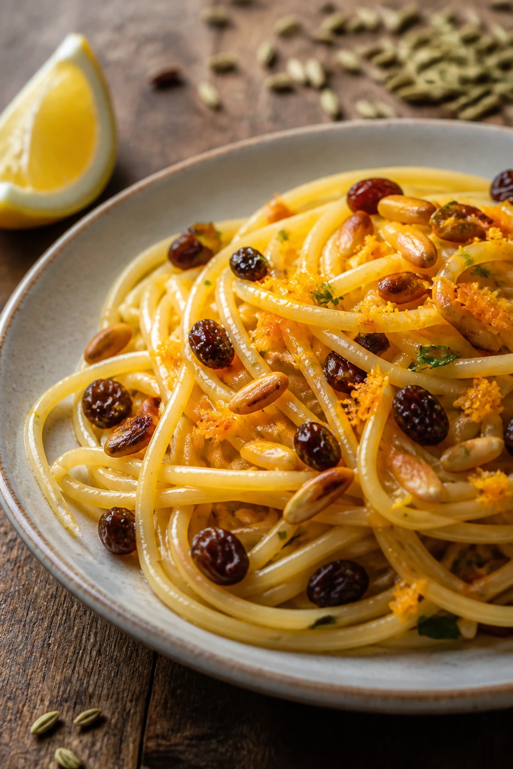Mediterranean pasta with orange zest, raisins, and pine nuts on a rustic table.