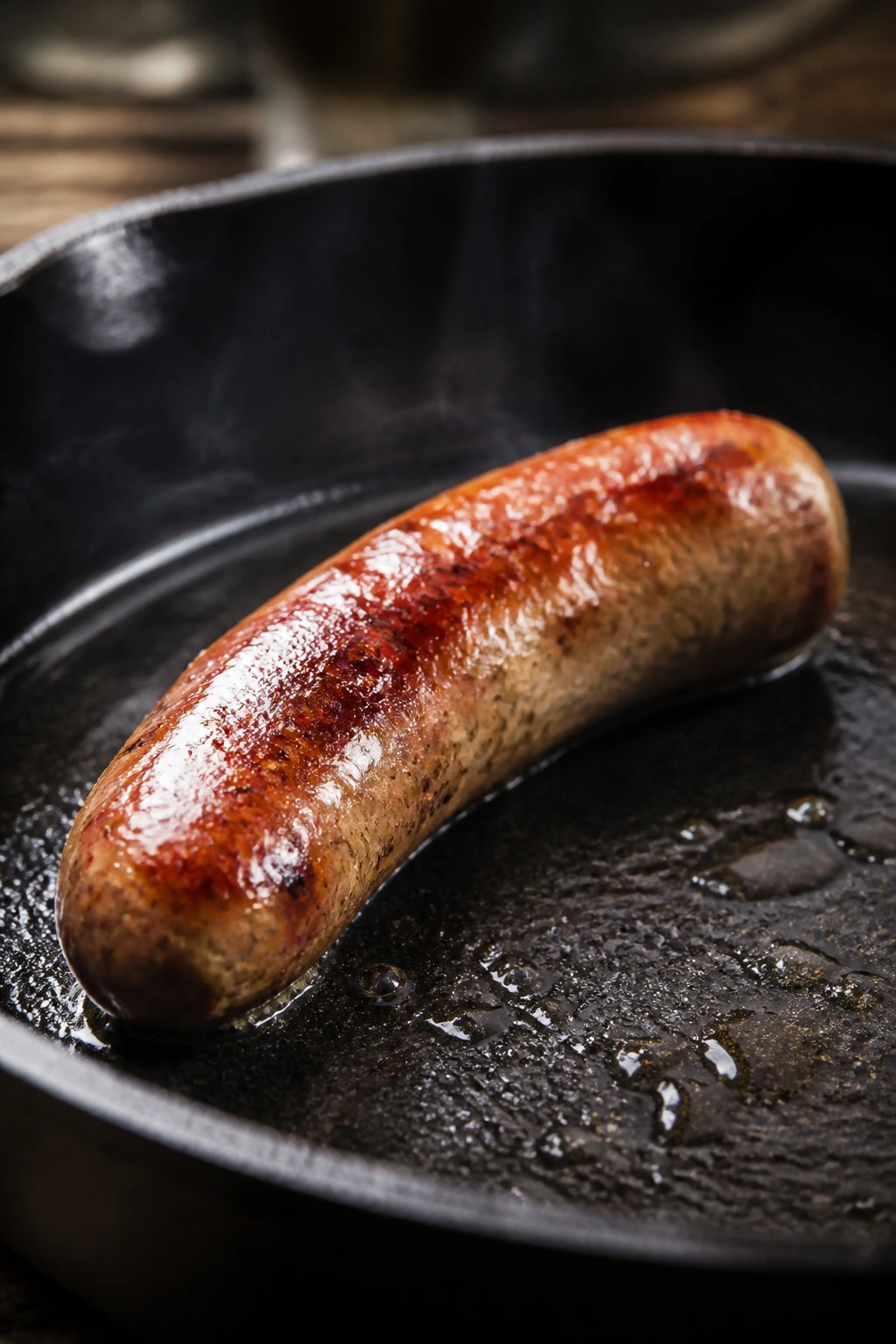 Sausage link reheated gently in skillet with crisp casing