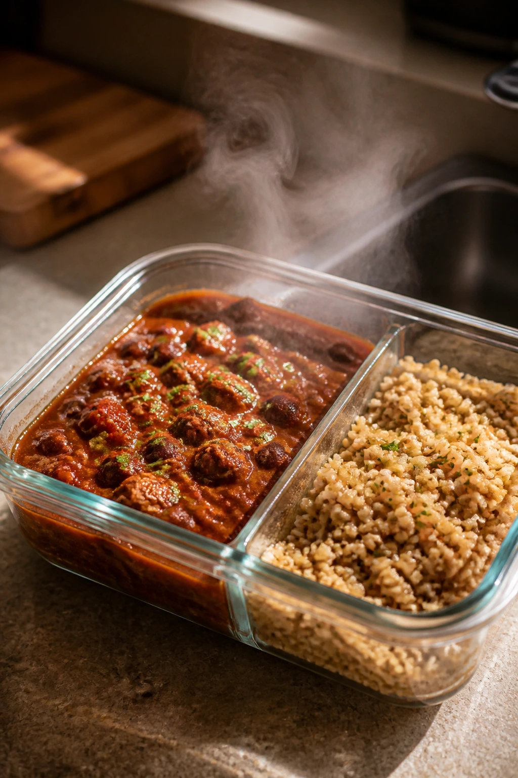 Steam rises from a two-compartment leftovers container showing separate components for better reheating