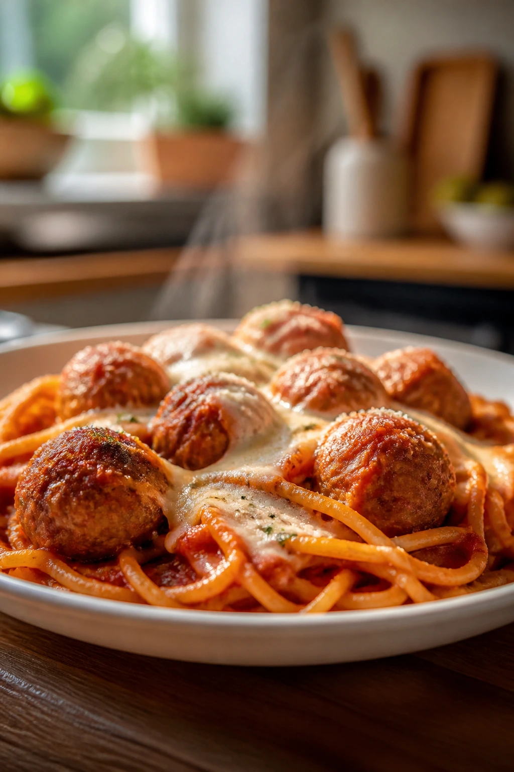 Reheated meatball pasta on a plate in a kitchen