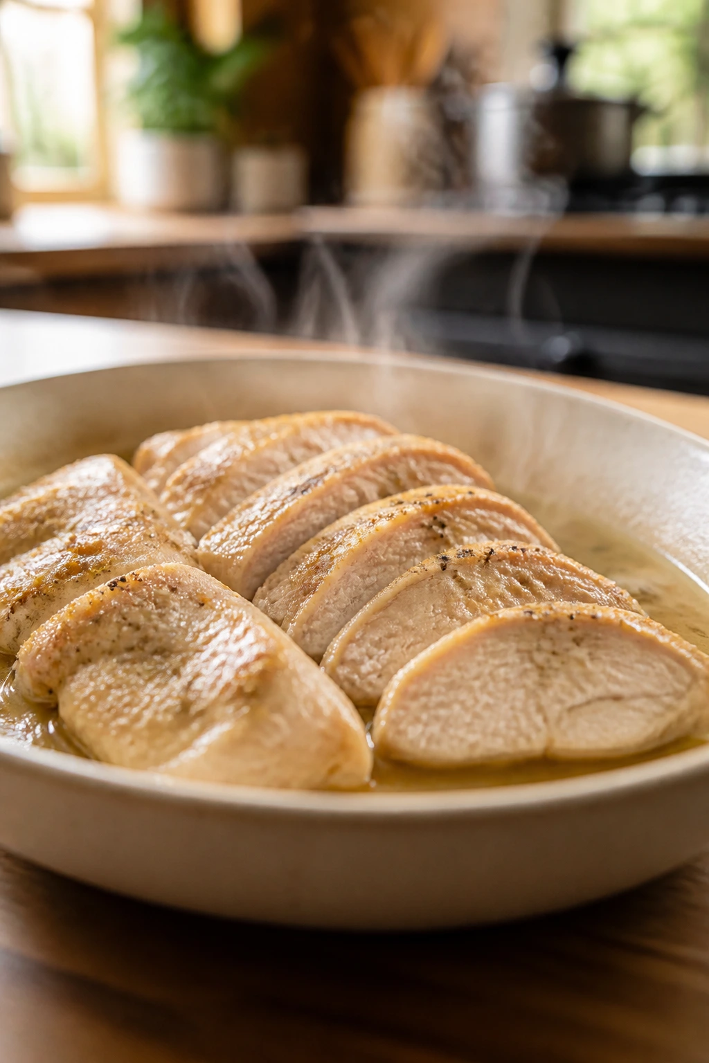 Close-up of moist reheated chicken in broth in a warm kitchen