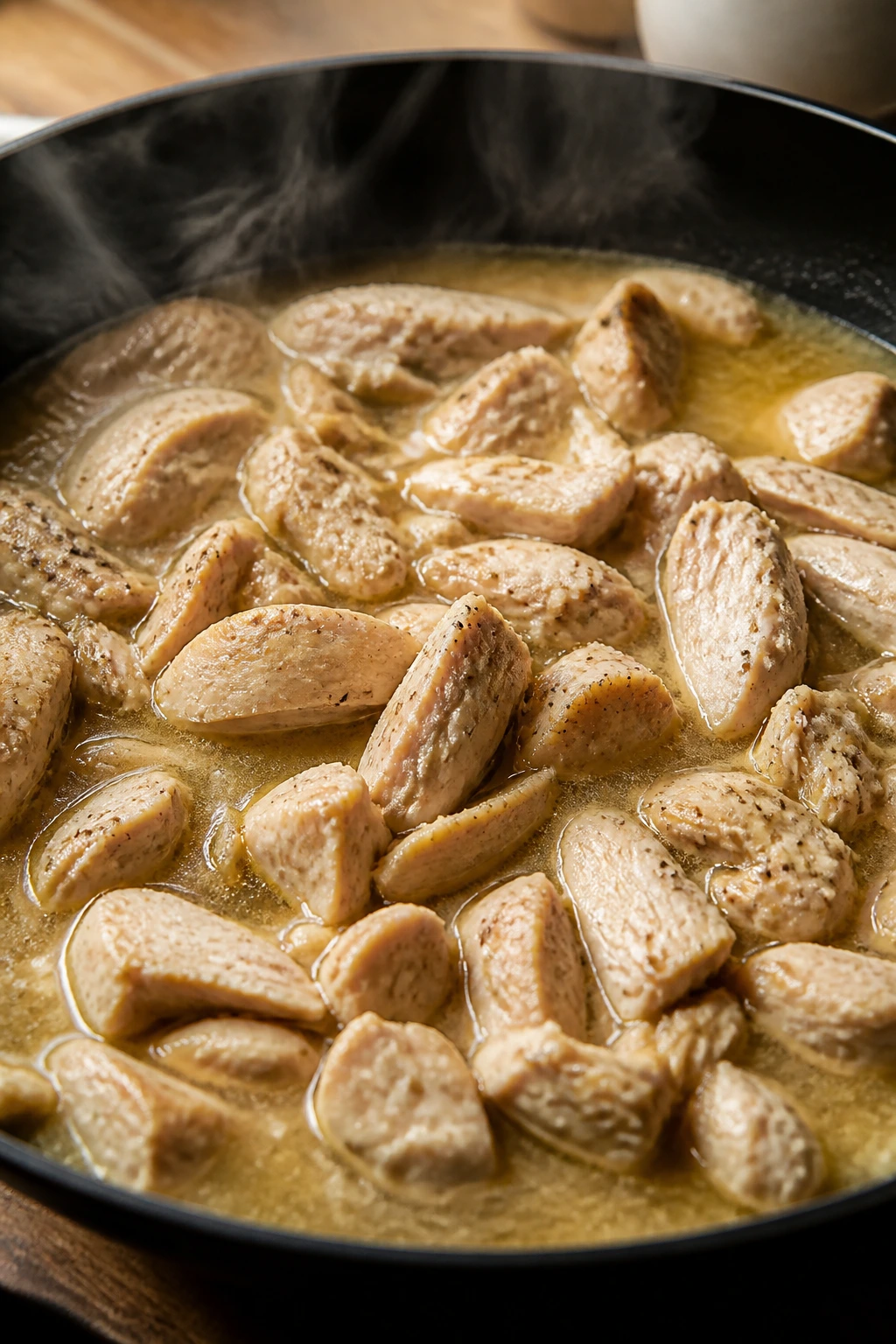 Reheated chicken in a skillet with broth, steaming softly.