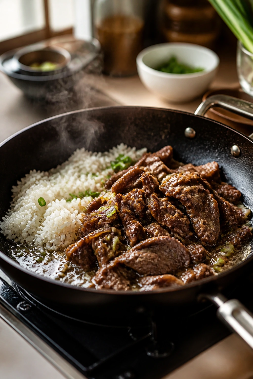 Skillet with reheated bulgogi and rice on a stove