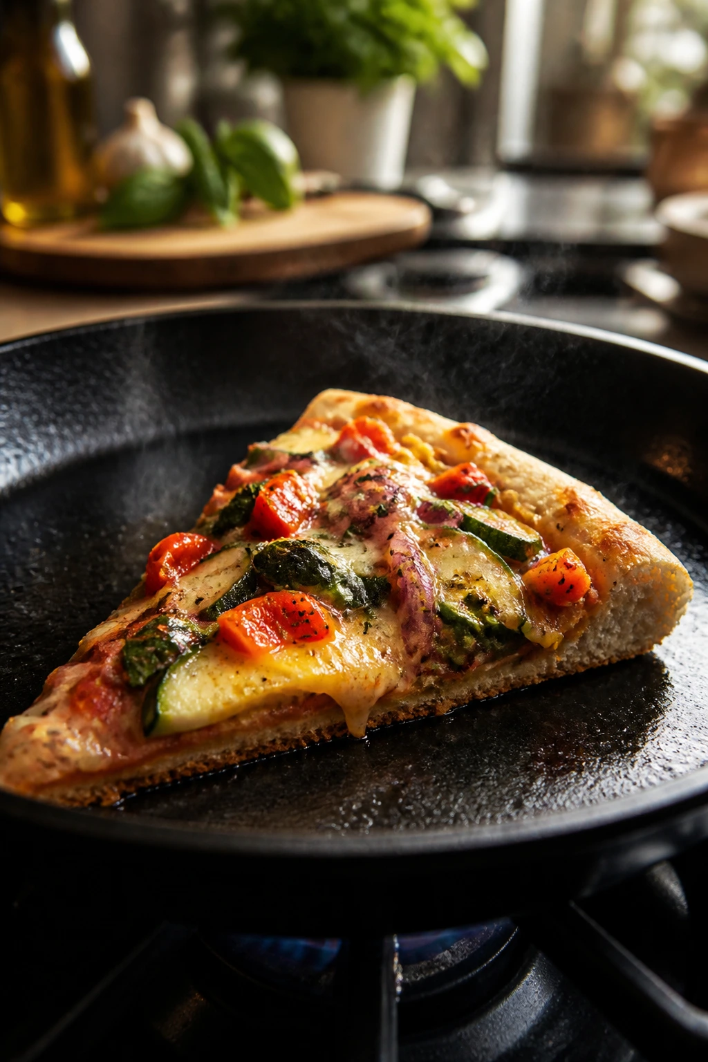Slice of veggie pizza reheating in a hot skillet