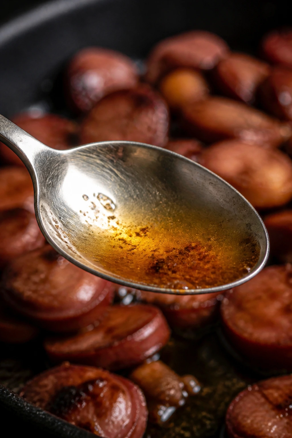 Macro shot of a spoonful of rendered fat in a kitchen