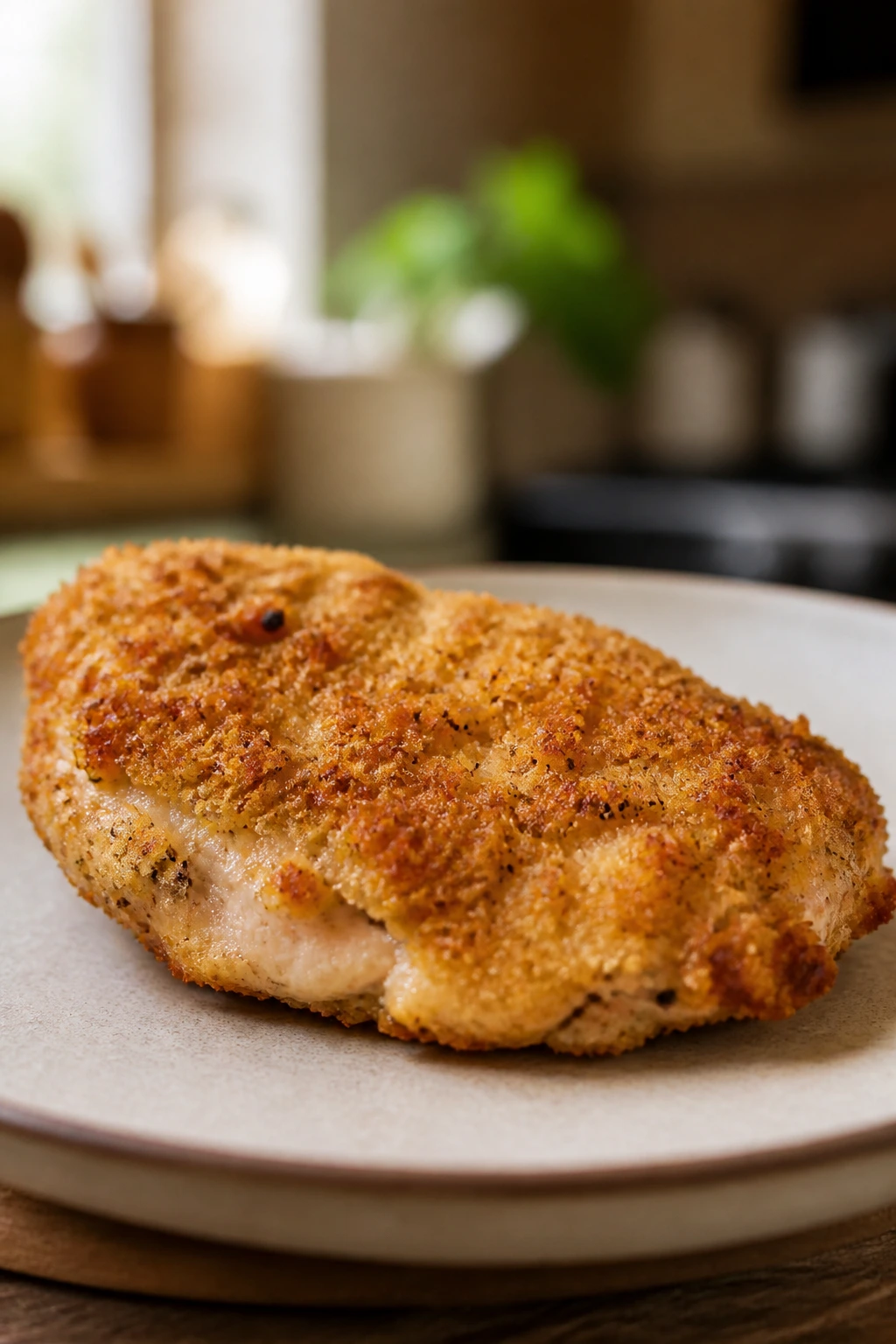Close-up of crispy yogurt chicken cutlet on plate in cozy kitchen