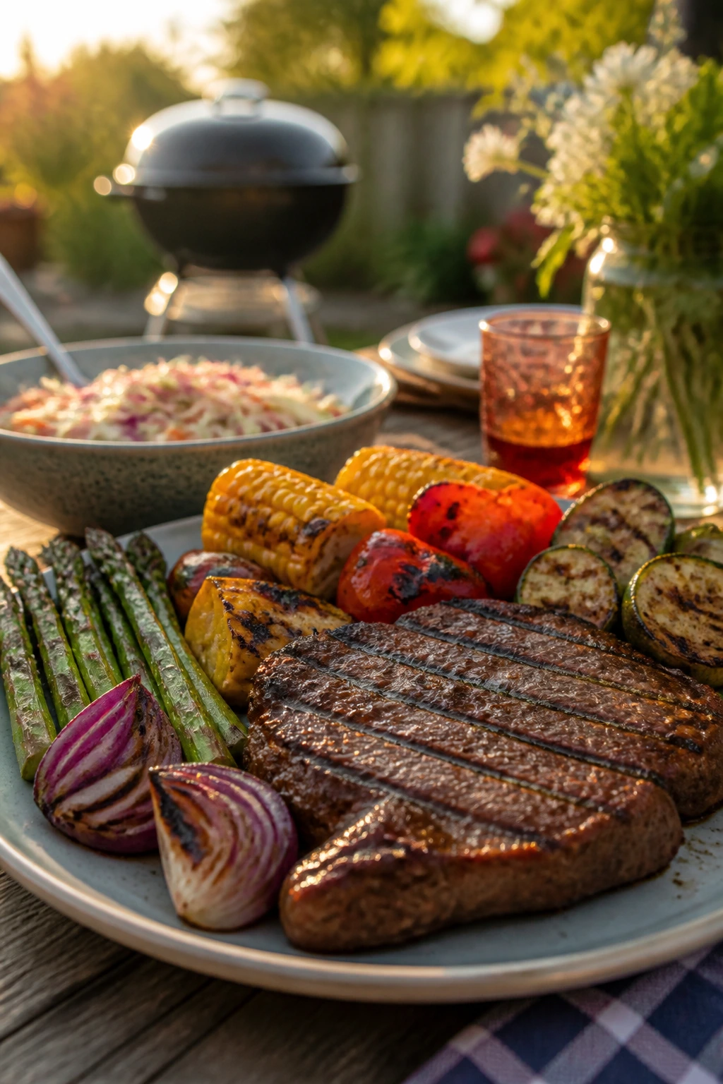 Well-plated backyard dinner at sunset