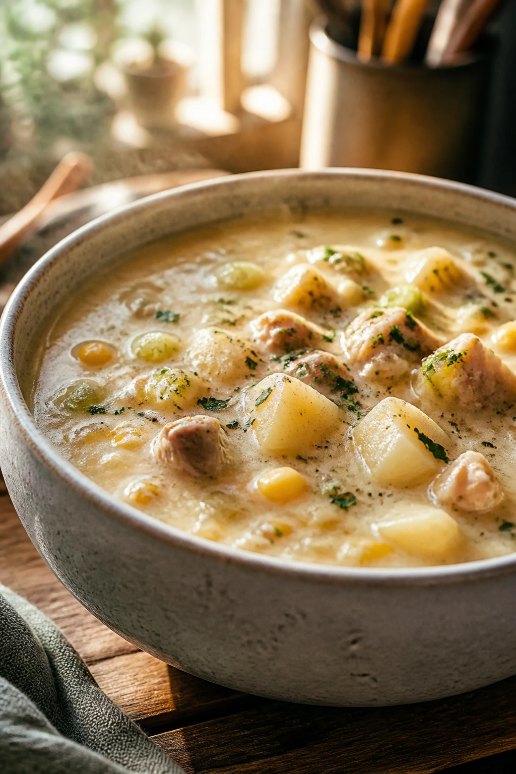 Steaming chowder bowl on a rustic table inviting for repeat dinners