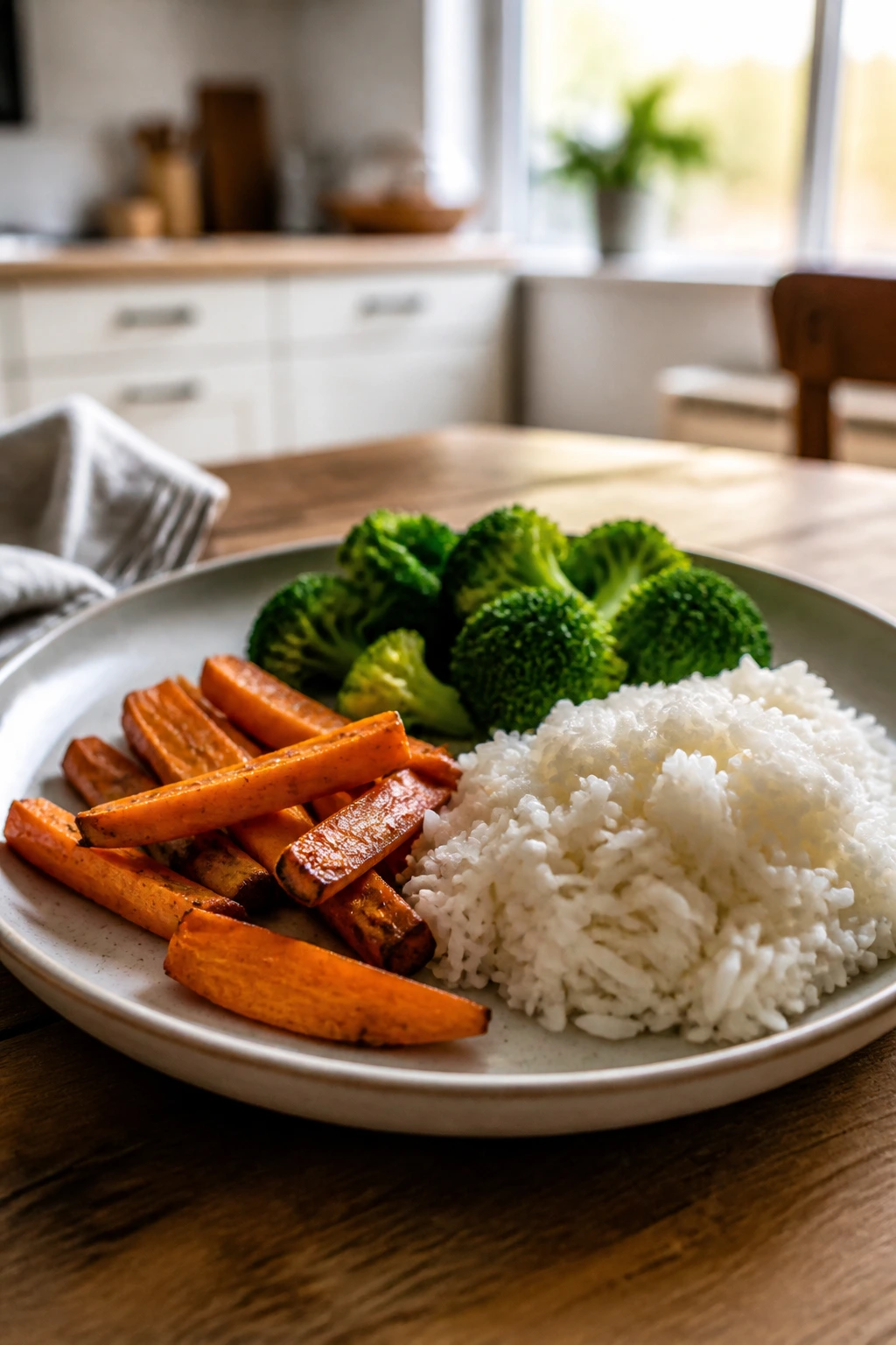 Close-up of a simple repeatable dinner plate on a dining table with rice and carrot.