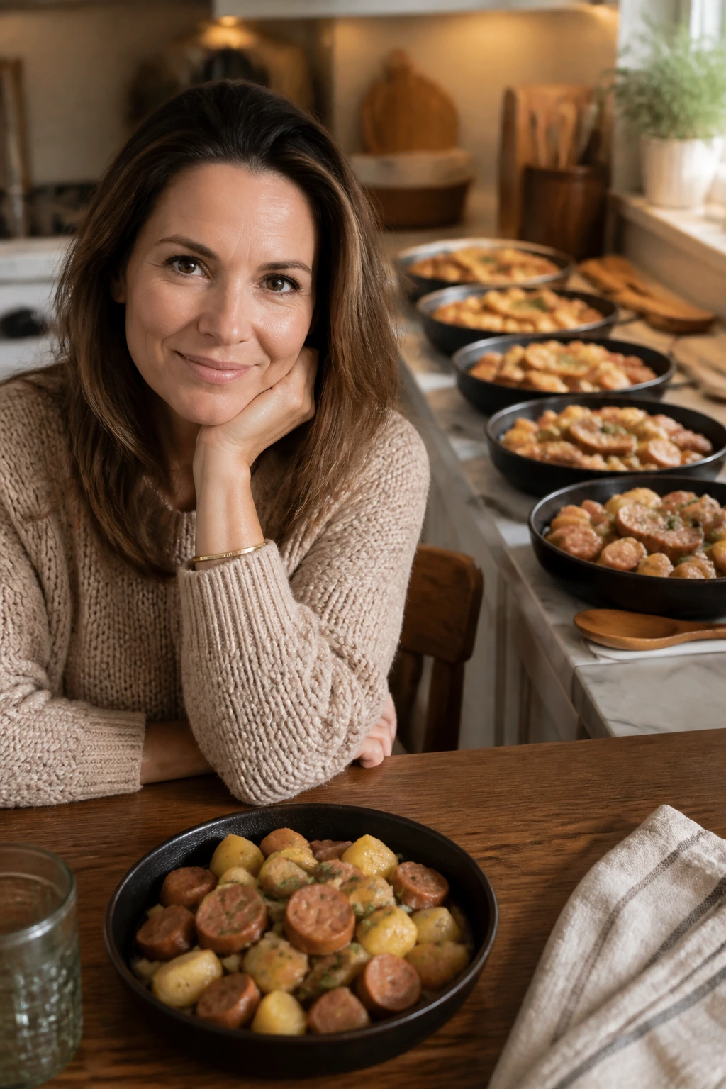 Real person with repeated sausage dinners in background