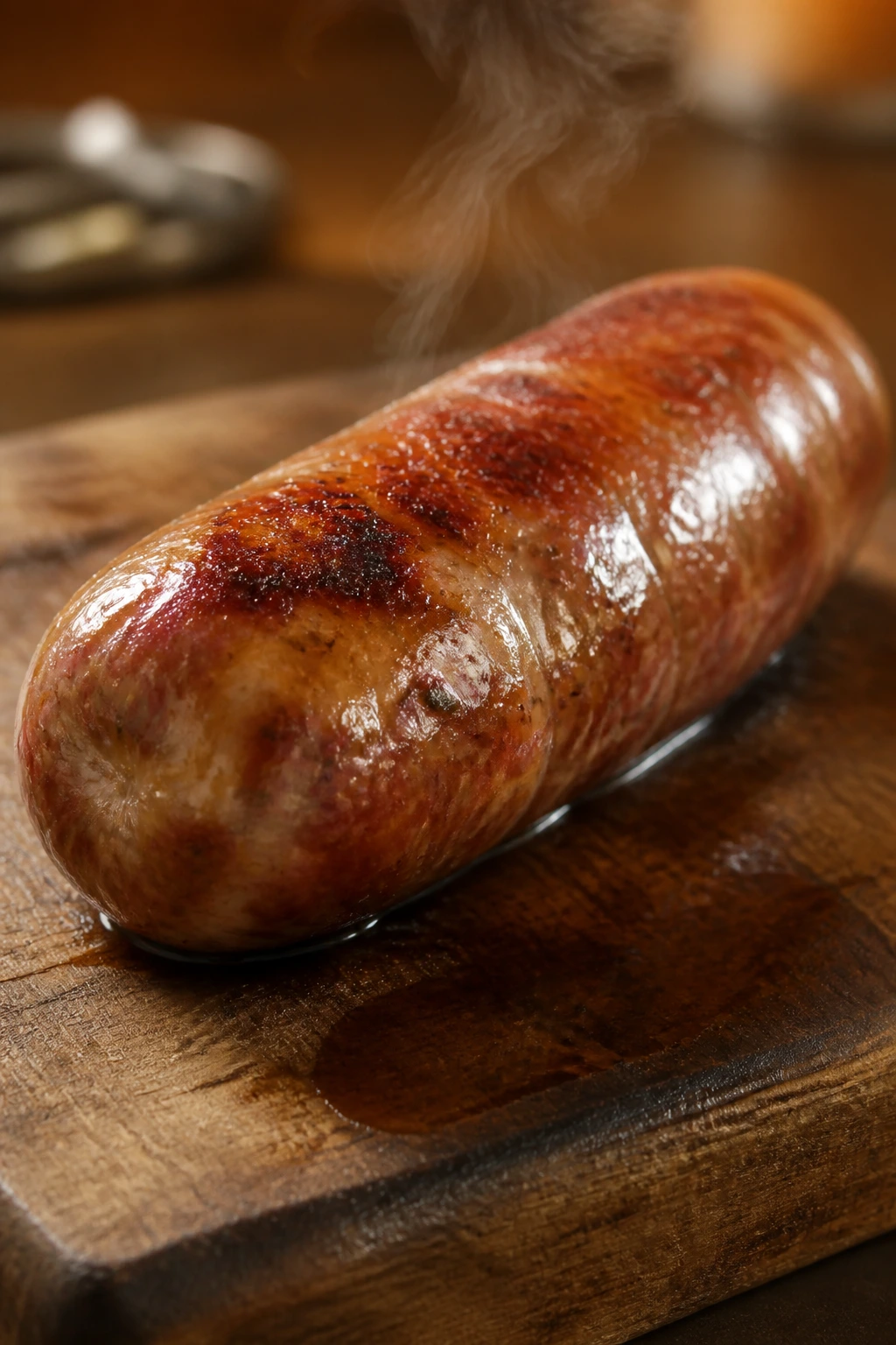 Resting pork sausage on cutting board with juices settling