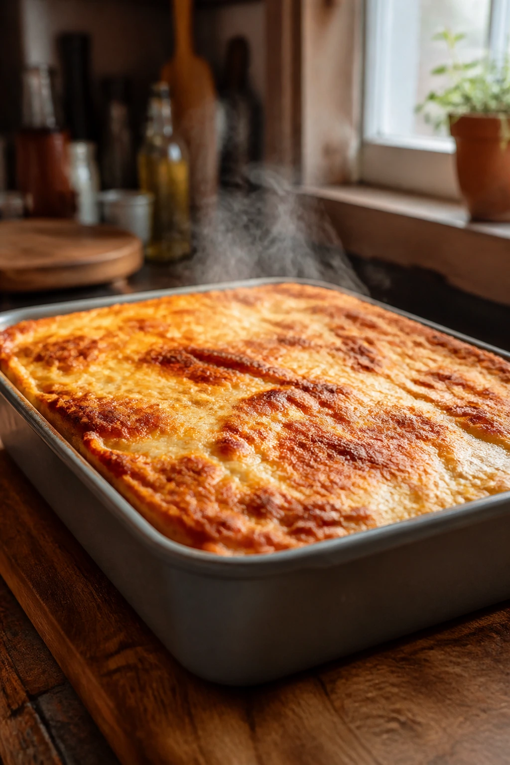 Pastitsio pan cooling on a wooden counter with steam