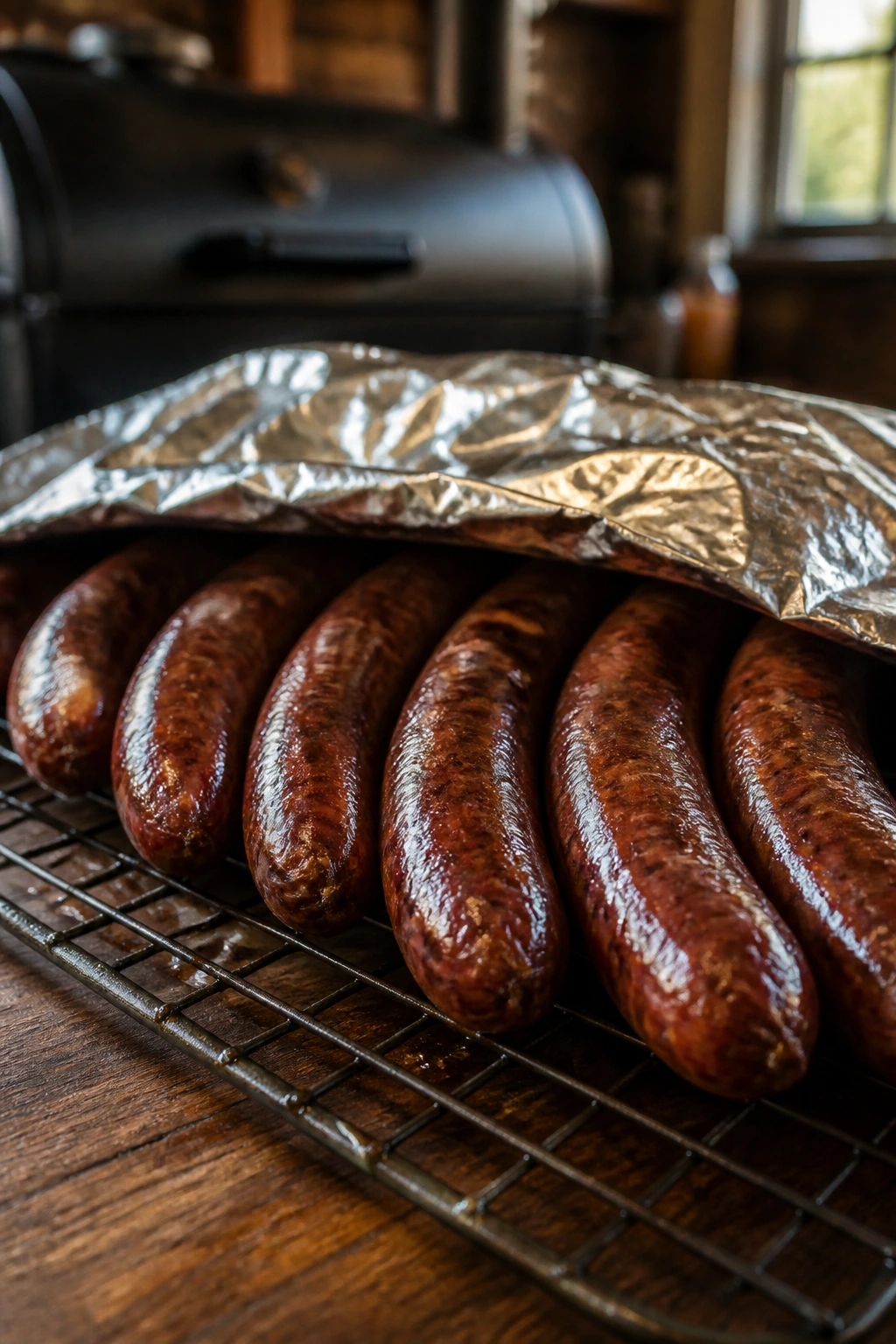 Close-up of rested smoked sausages on a wire rack with foil tenting and juices visible