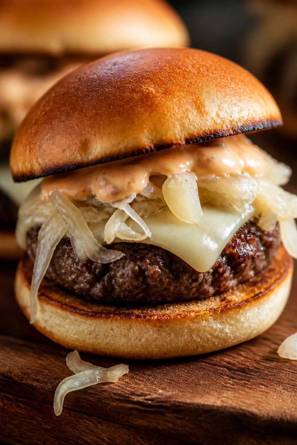 Close-up of Reuben mini burger with Swiss cheese and sauerkraut on rye bun