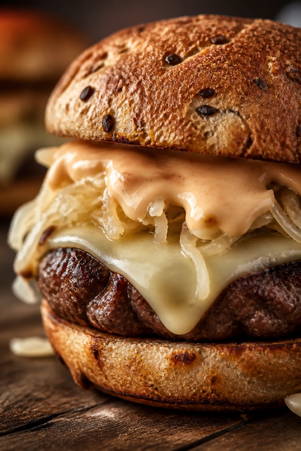Close-up Reuben burger with Swiss cheese, sauerkraut, on rye bun