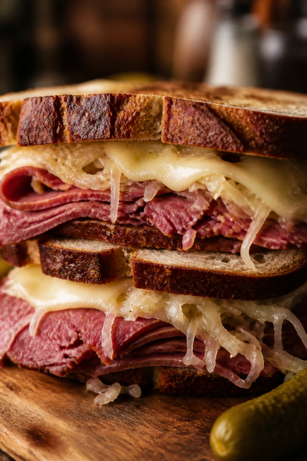 Close-up of Reuben-Style Corned Beef Sandwich on rye with sauerkraut