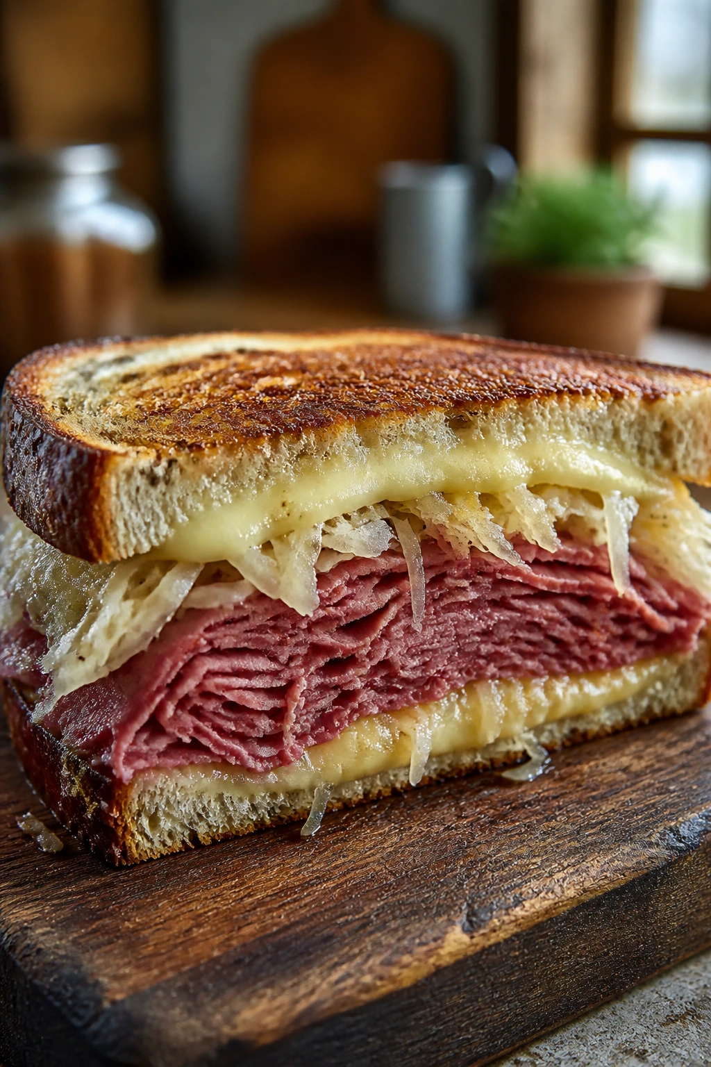 Close-up of a Reuben-style sandwich on rye on a wooden board