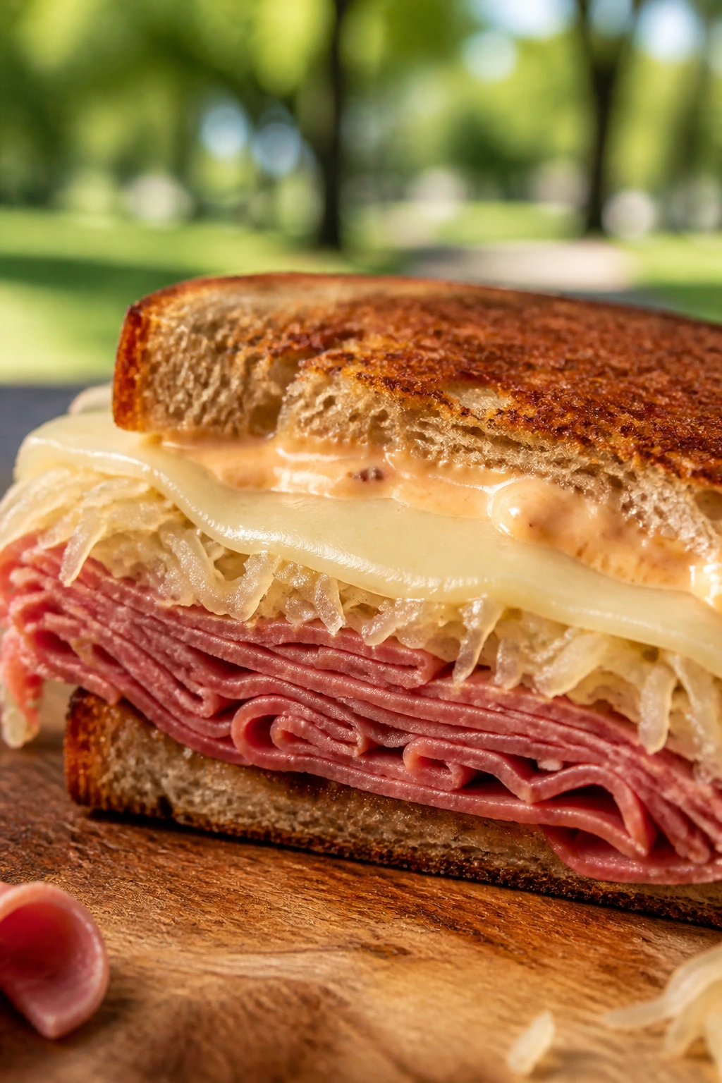 Close-up cross-section of Reuben on Rye on cutting board in a park-like picnic setting