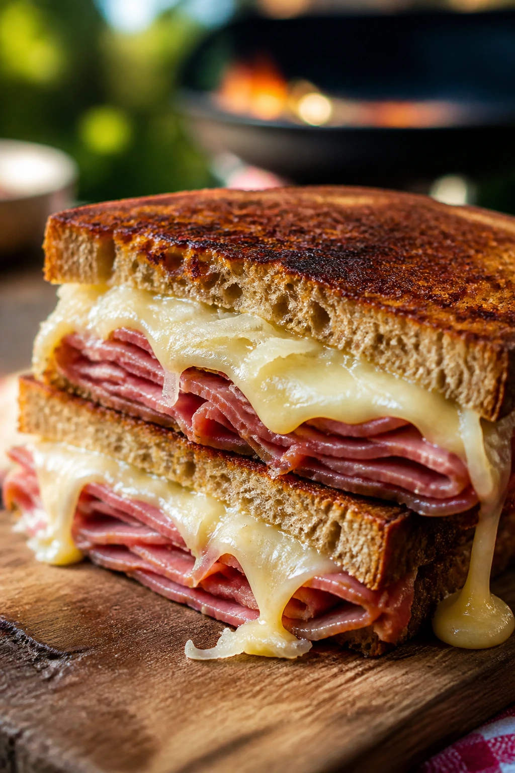 Toasted Reuben half with corned beef and sauerkraut outdoors
