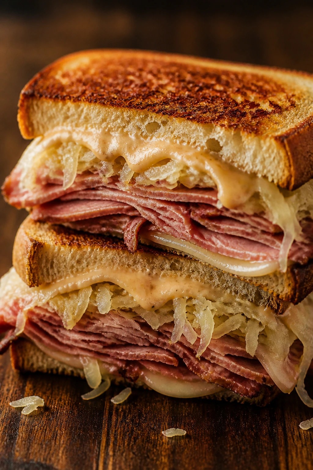 Close-up Reuben Sandwich on rye with corned beef and kraut