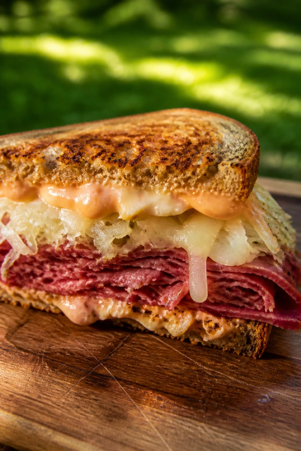 Close-up of a Reuben sandwich with corned beef, sauerkraut, Swiss cheese on rye on a wooden board outdoors