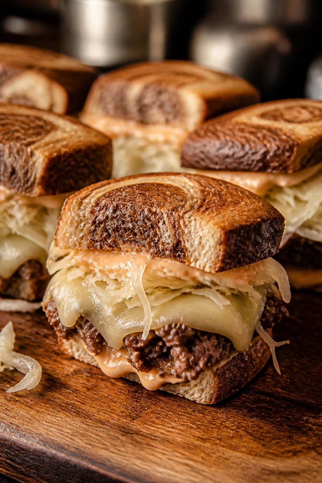 Mini Reuben Inspired Sliders with sauerkraut and Swiss cheese on rye buns