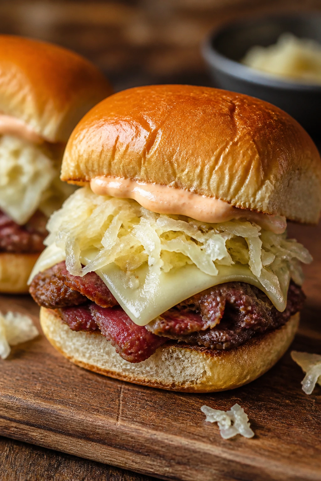 Close-up of a Reuben-style slider with sauerkraut and Swiss cheese