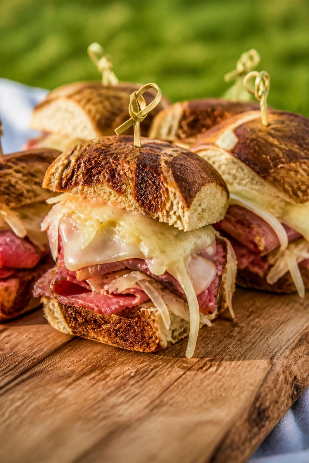Close-up of Reuben sliders on a wooden board outdoors