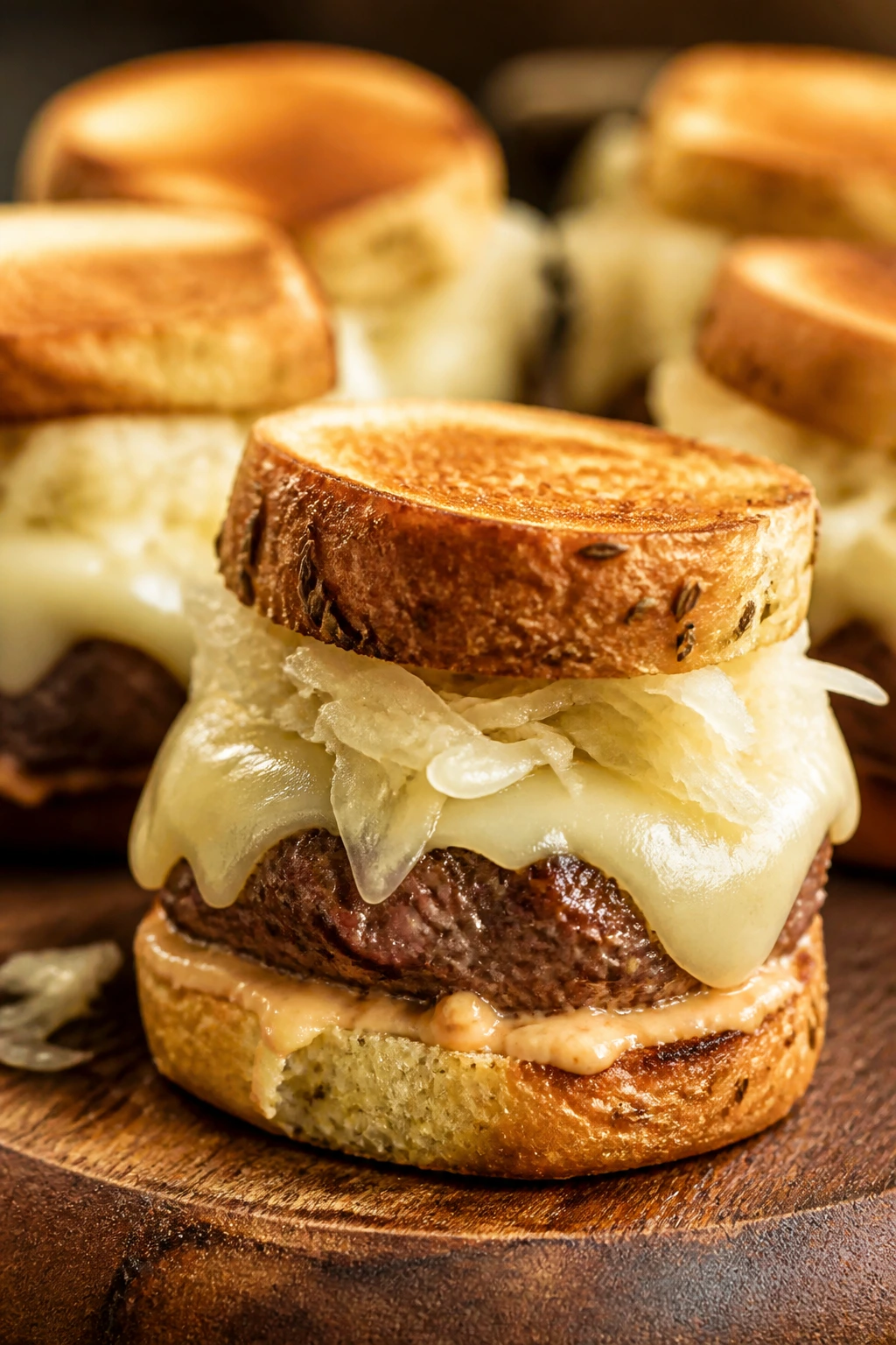 Close-up of Reuben-inspired cheeseburger sliders with sauerkraut