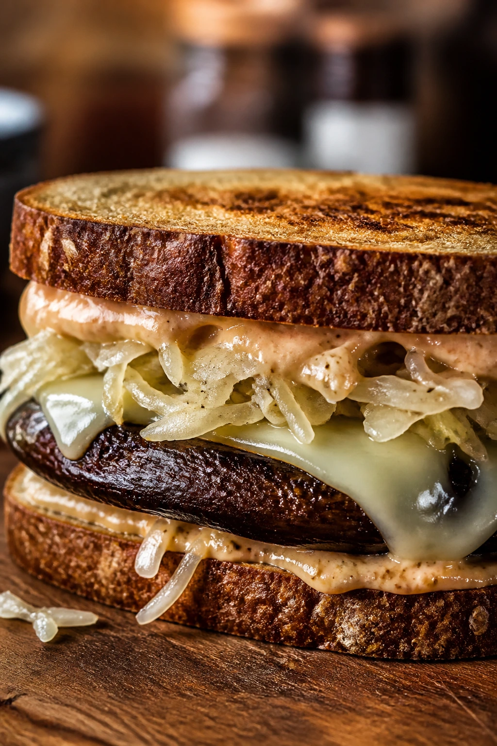 Close-up of Reuben-Style Portobello Burger with sauerkraut