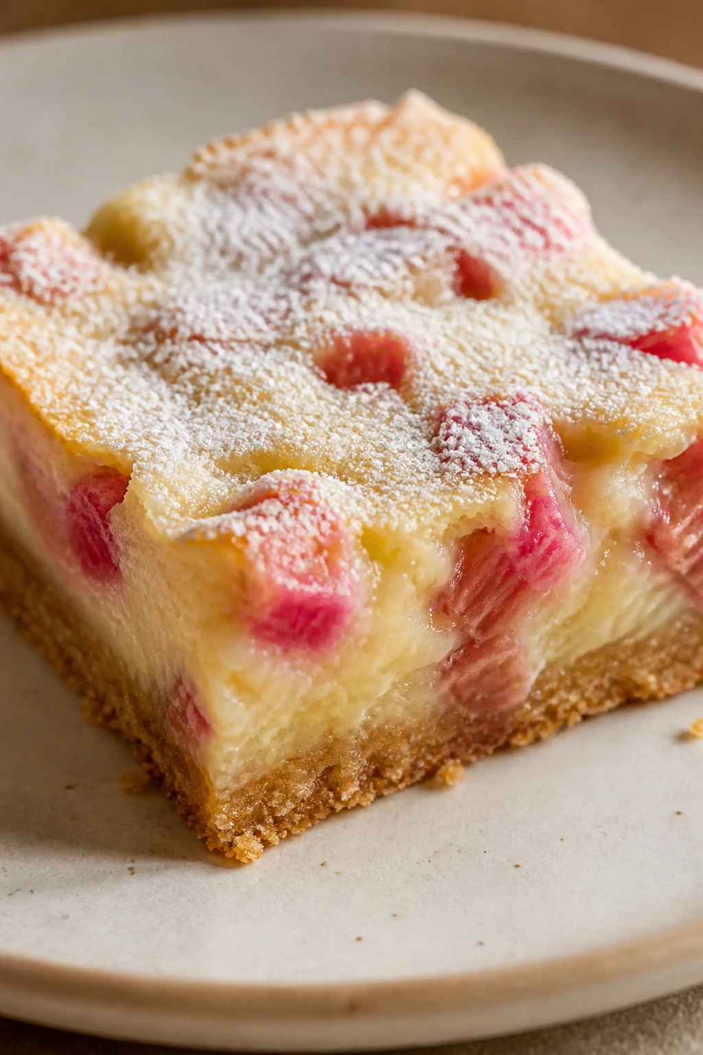 Close-up of rhubarb custard bar square with pale custard and rhubarb specks on a plate