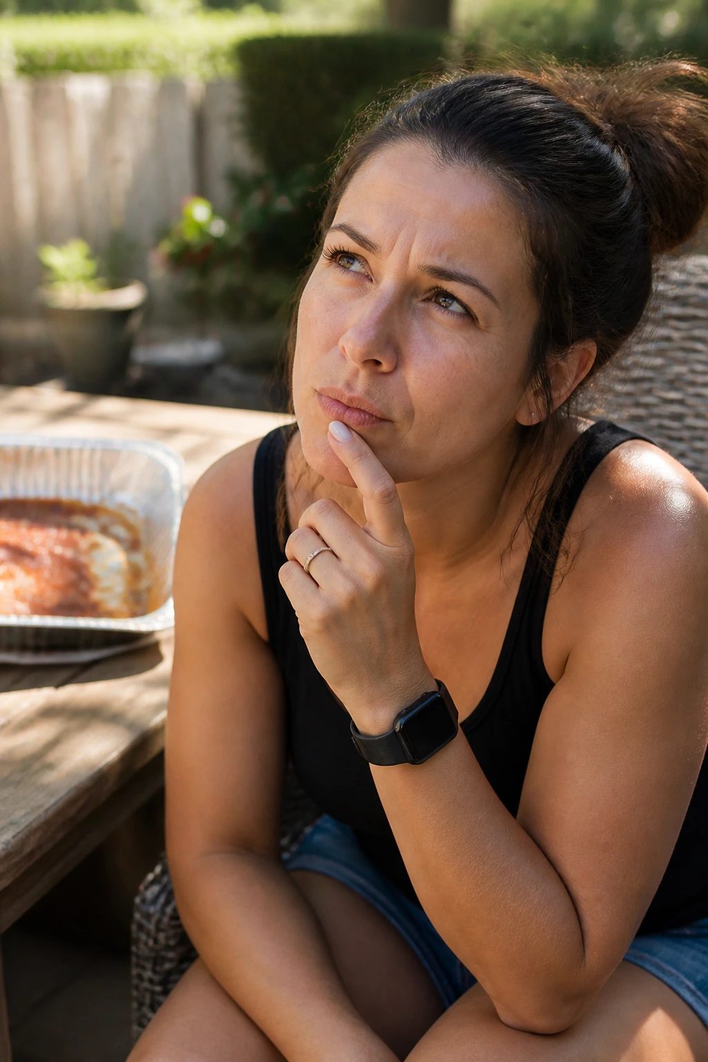 Real person in a backyard pondering after ribs disappeared