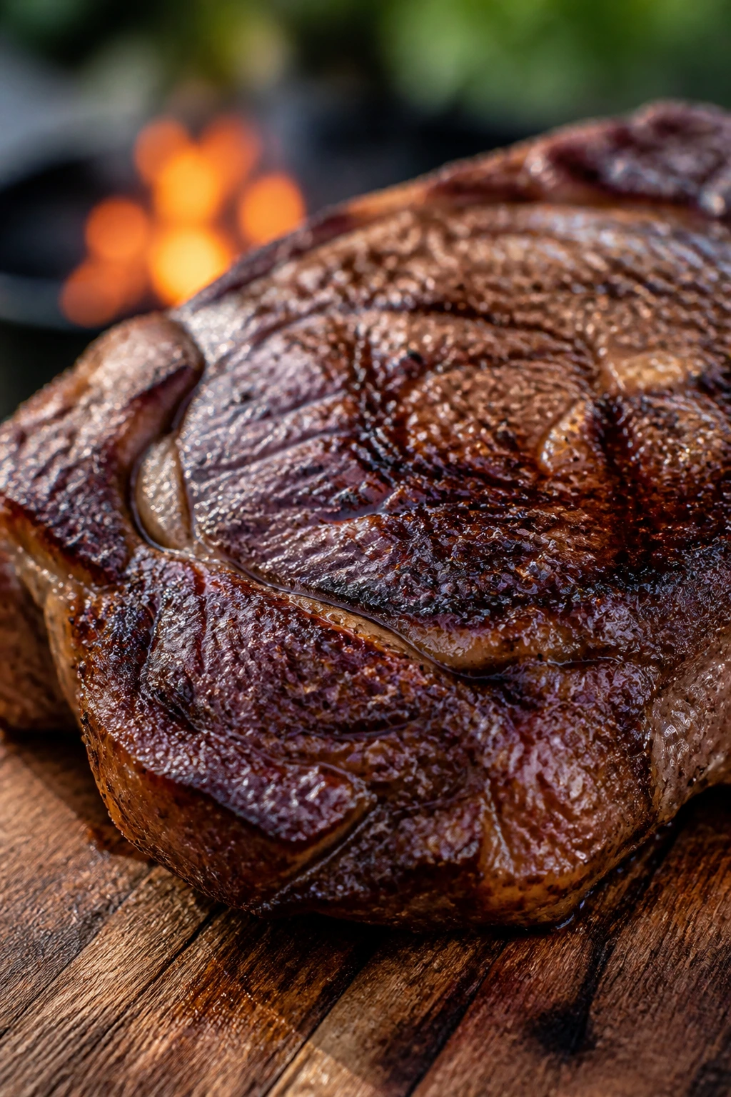 Close-up of a ribeye steak with crust on a wooden board in a backyard setting