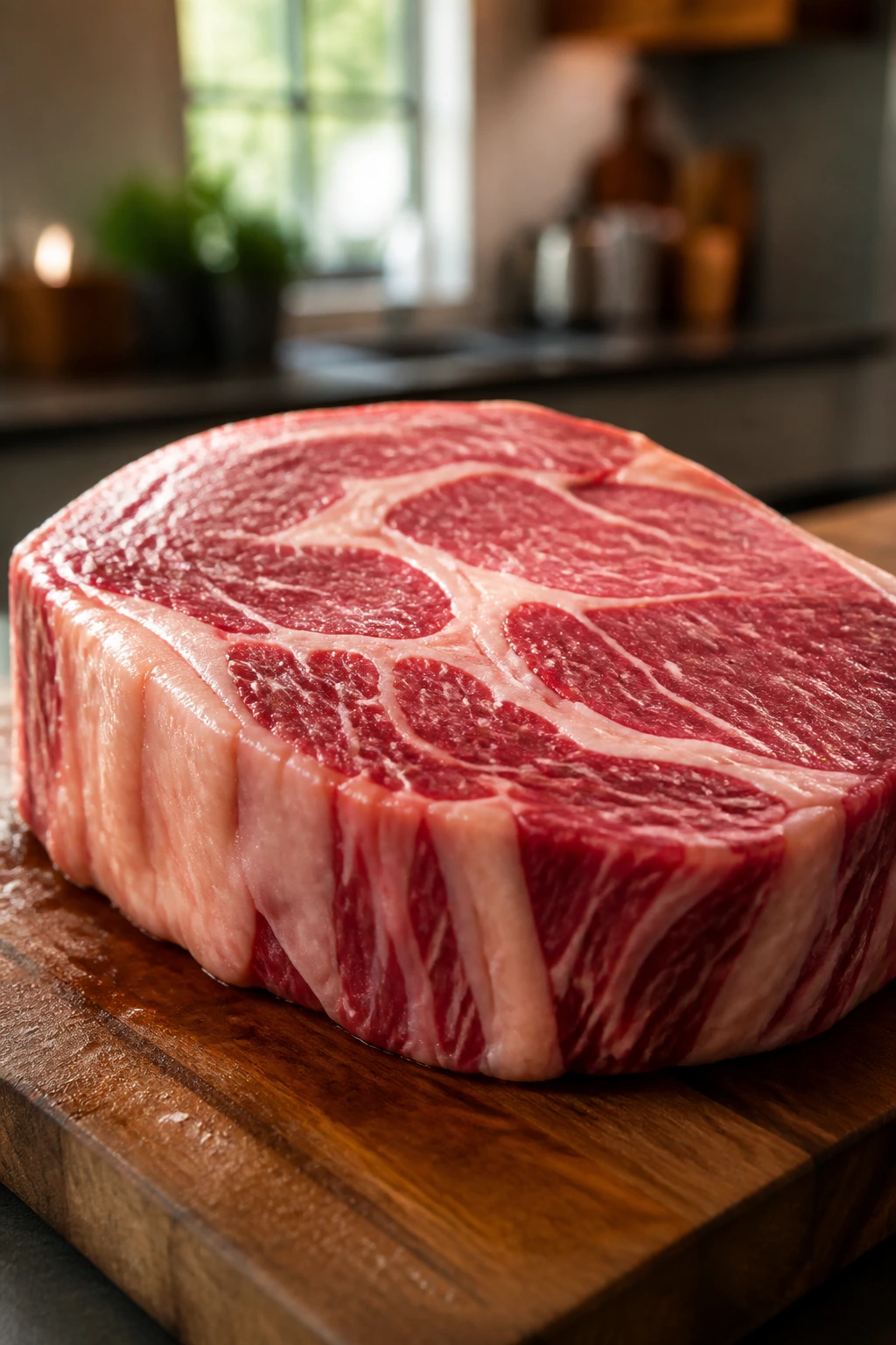 Thick marbled ribeye on a cutting board under warm light