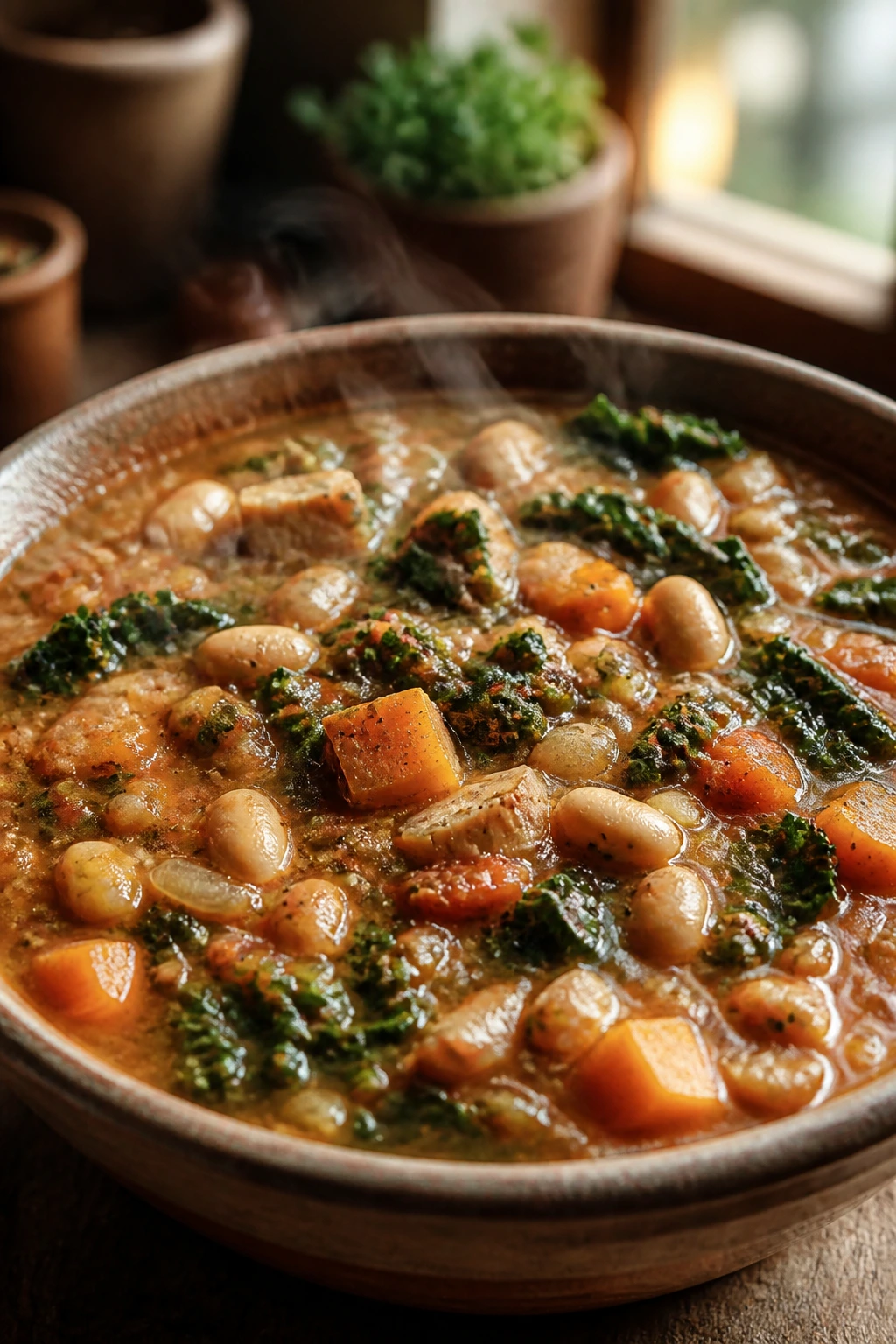 Close-up of ribollita soup in a rustic bowl with beans and kale