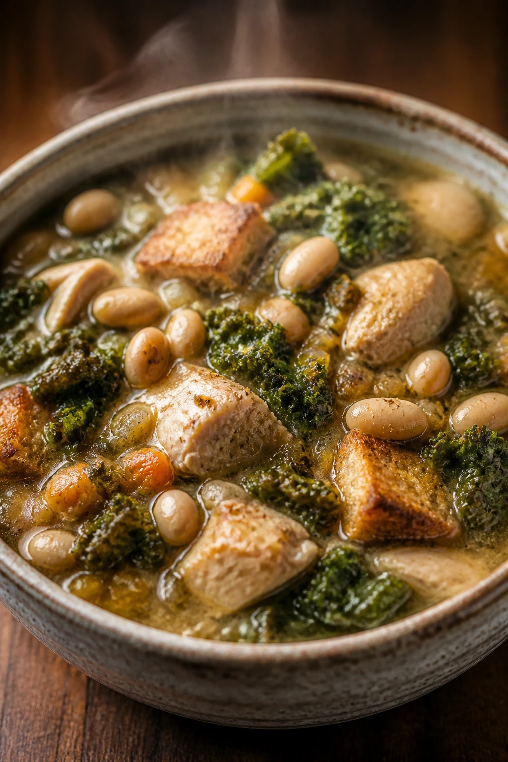 Rustic stew with chicken, kale, beans in ribollita-style broth.