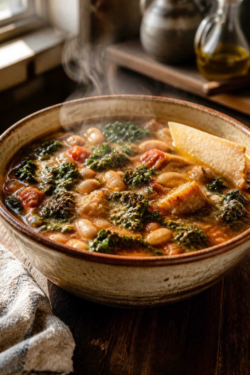 Close-up ribollita with kale and cannellini beans in a rustic bowl
