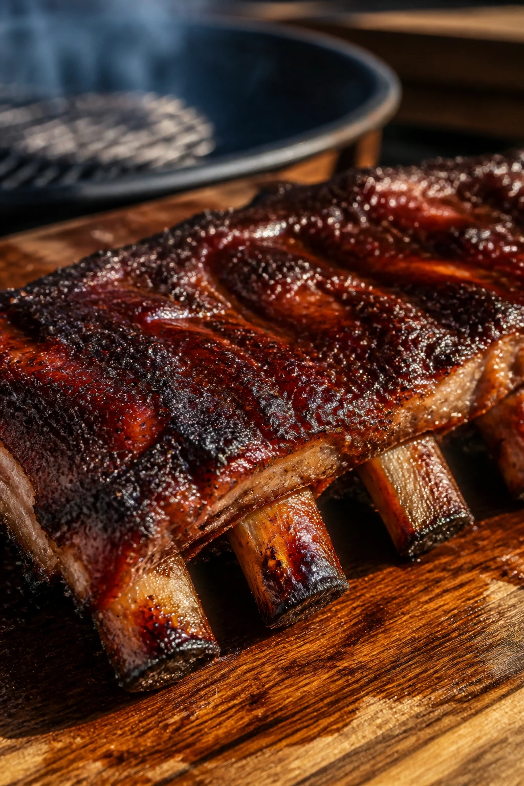 Close-up of brown sugar glazed baby back ribs with sticky bark on a wooden cutting board in backyard
