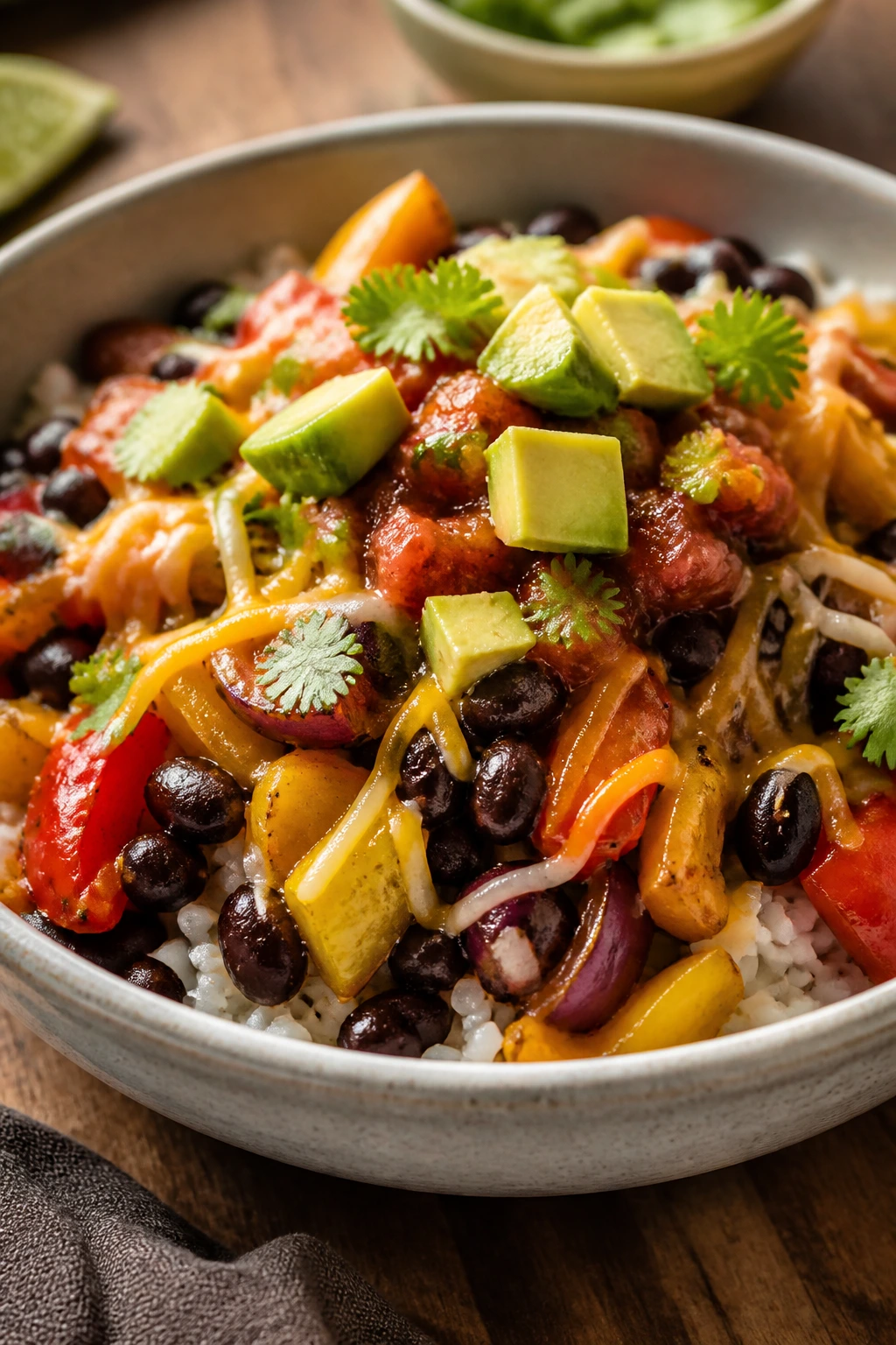 Colorful burrito bowl with rice, beans, peppers, salsa and cheese