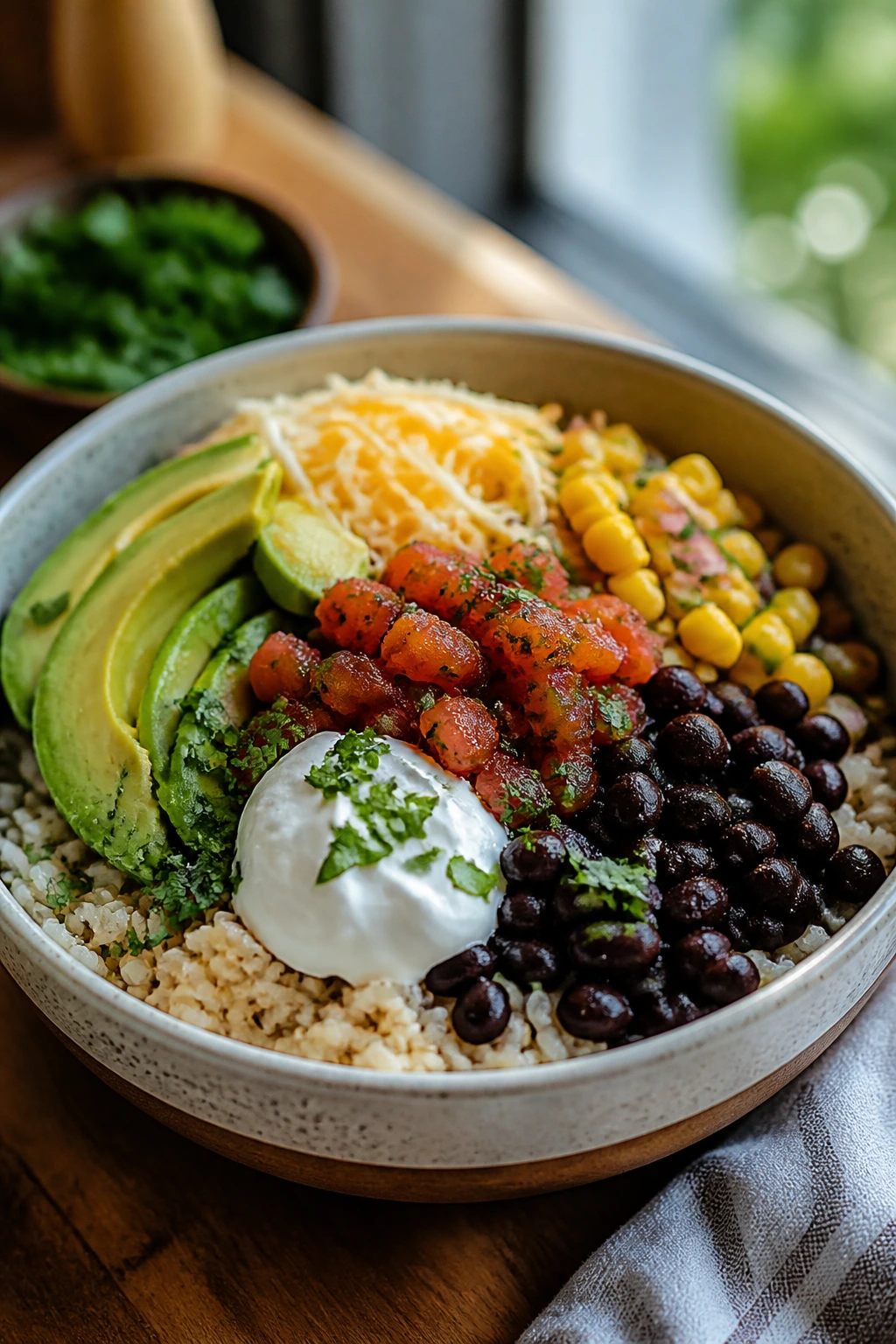Colorful burrito bowl with rice, beans and toppings