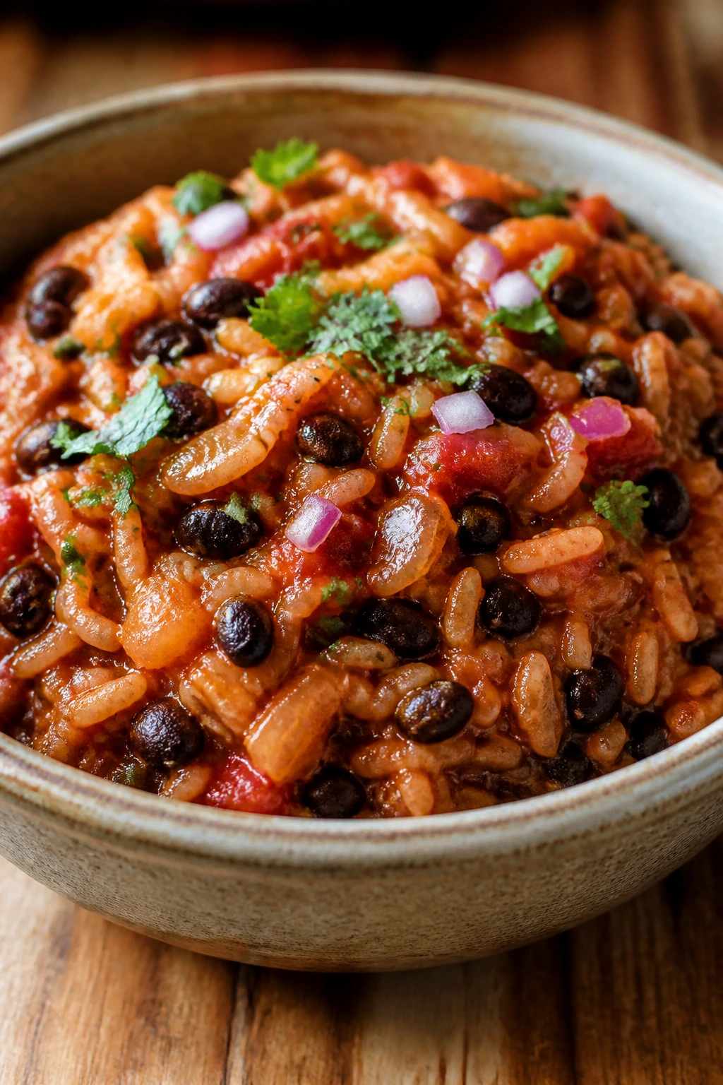 Bowl of smoky rice and beans filling the frame