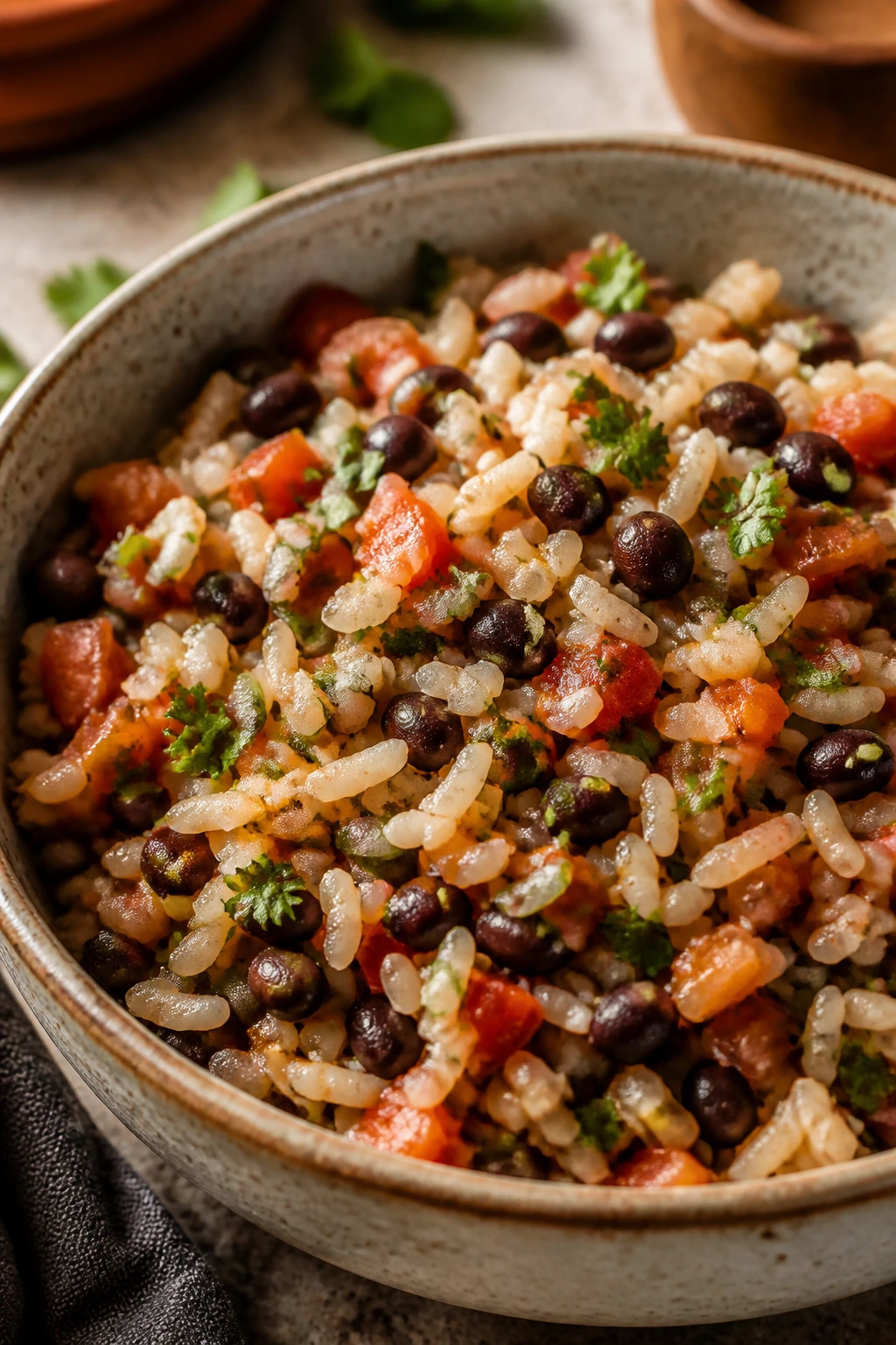Bowl of seasoned rice and beans filling the frame